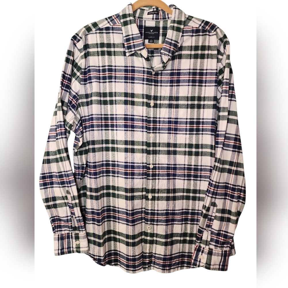 American Eagle Plaid Flannel Shirt Mens 2X Green Blue Long Sleeve Button Down